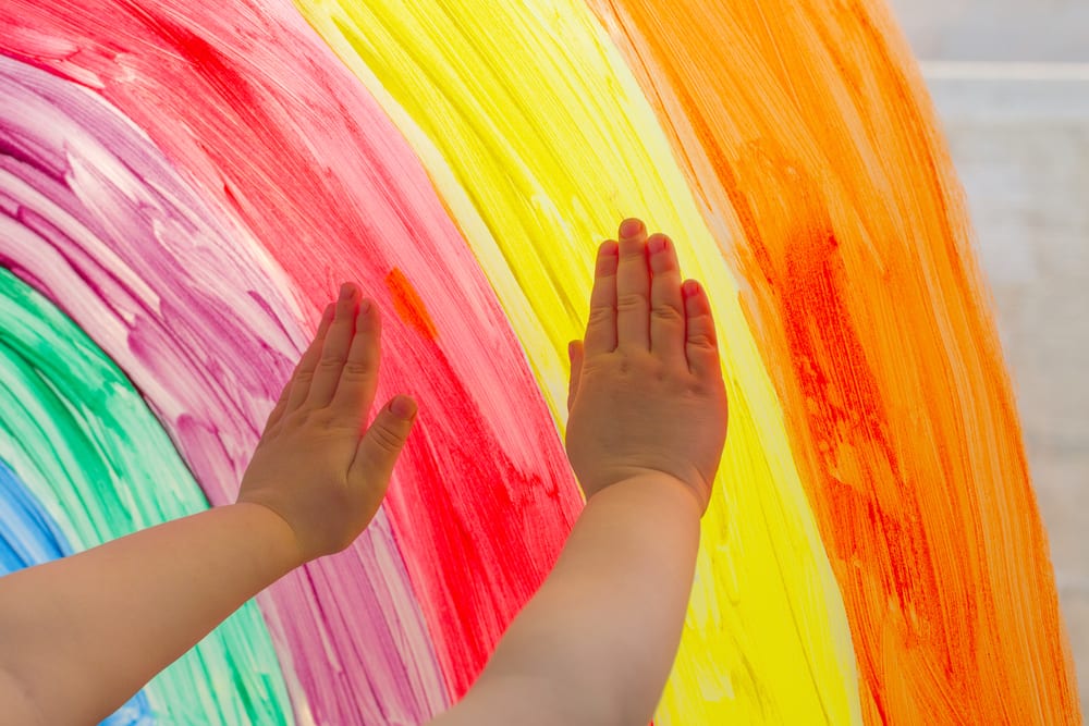 Child's,Hands,Touch,Painting,Rainbow,On,Window.,Playtime,During,Covid-19