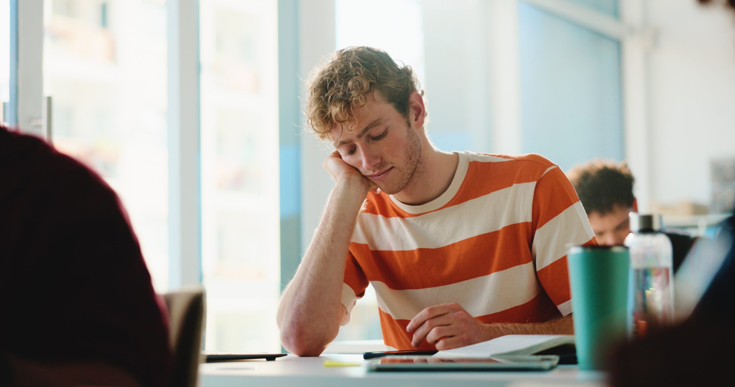 Sleeping,,Notebook,And,Tired,With,Man,In,Classroom,For,Failed